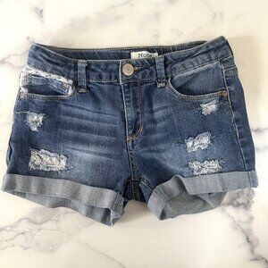 Mudd Lace Embellished Distressed Denim Shorts, Medium Wash, Size 14